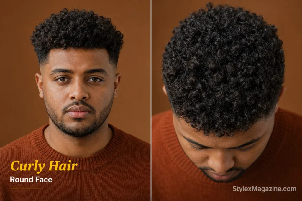 Round face with wavy hair showing natural wave swept to one side with mid fade