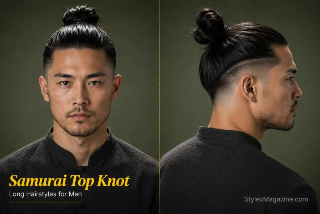 Samurai top knot hairstyle for men featuring a high knot with clean faded sides and a structured traditional-inspired finish.