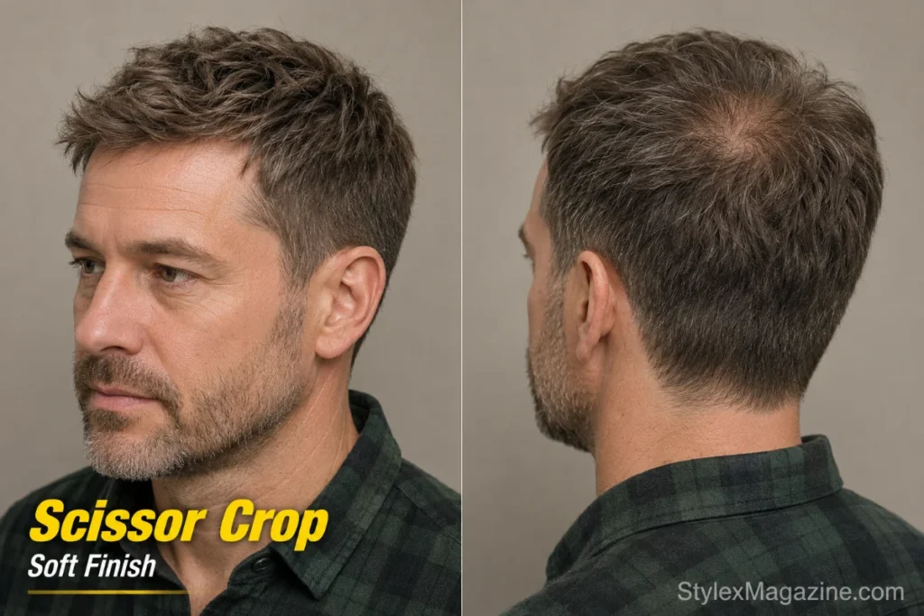 Scissor crop haircut on a man with thinning hair showing soft textured finish cut with scissors only