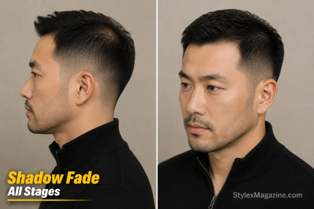 Shadow fade on a balding man showing a very gradual fade that never reaches bare skin