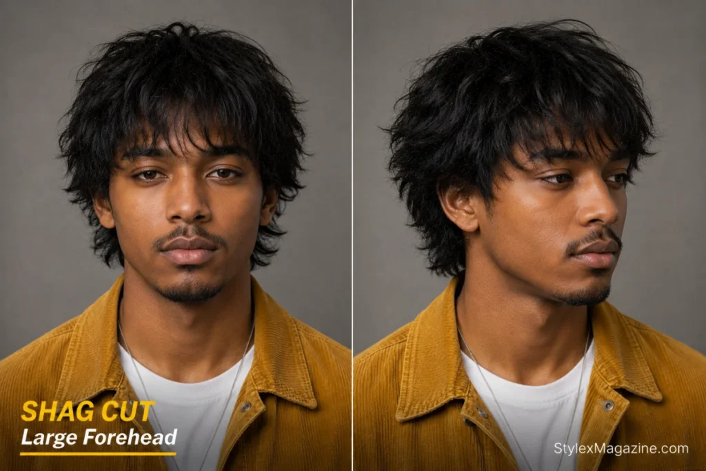 Shag cut hairstyle for men with a large forehead, front and side view