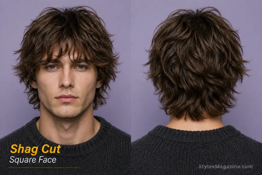 Shag cut on square face showing heavy choppy layers with soft fringe breaking up all angular edges