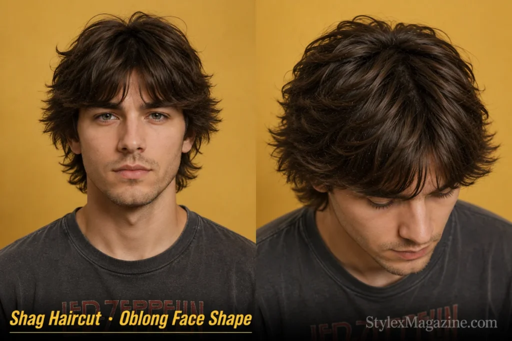 Shag haircut on a man with oblong face shape, layered ends spreading outward at sides and temples, curtain fringe