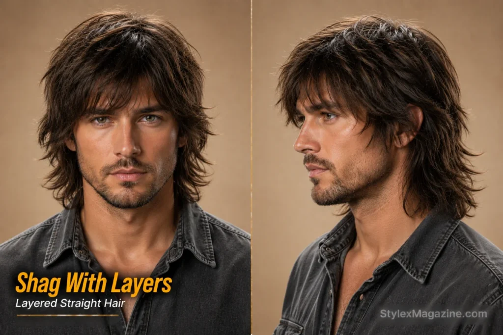 Layered shag haircut for men with straight hair featuring choppy texture and natural volume.