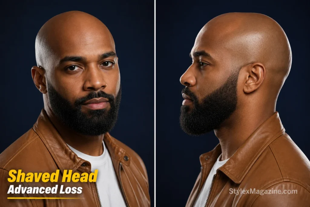 Completely shaved head with full shaped beard on a man with advanced balding
