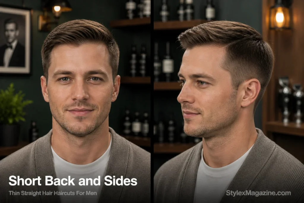 Man with thin straight hair styled as short back and sides with a neatly combed top and tapered neckline.