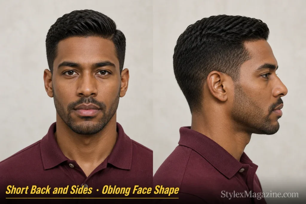 Classic short back and sides on a man with oblong face shape, 1.5 inches on sides maintaining temple width, side part styling