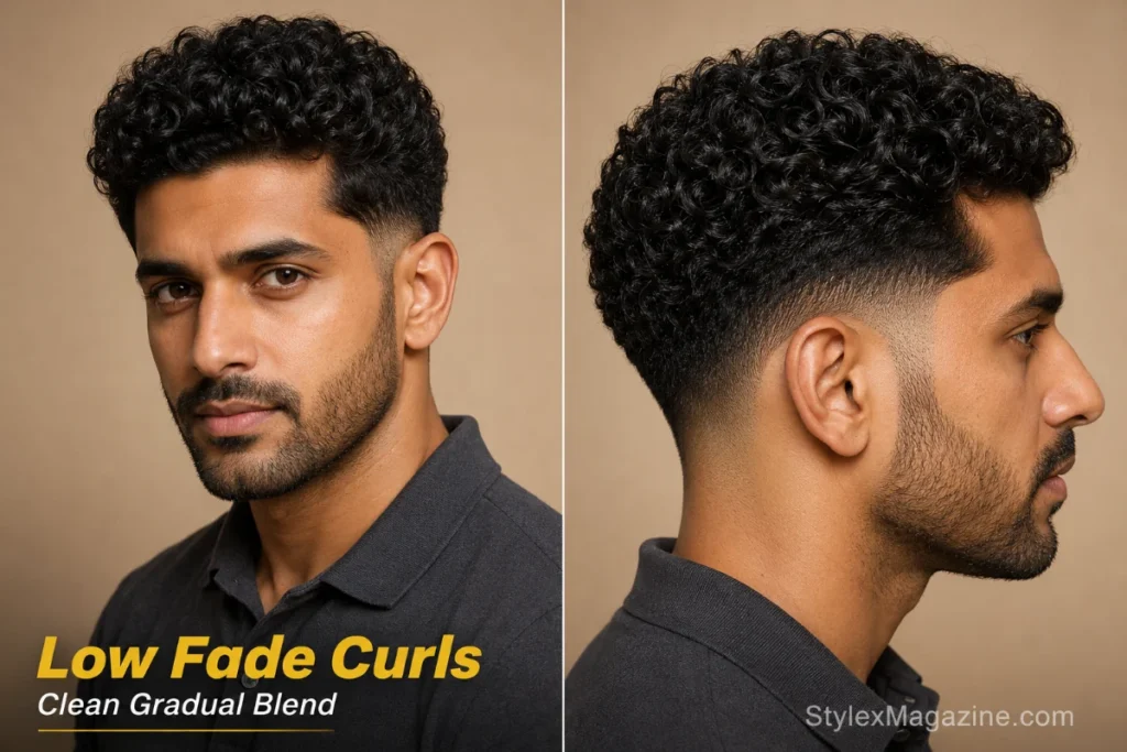 Man with defined short curls on top and a low fade beginning directly above the ears
