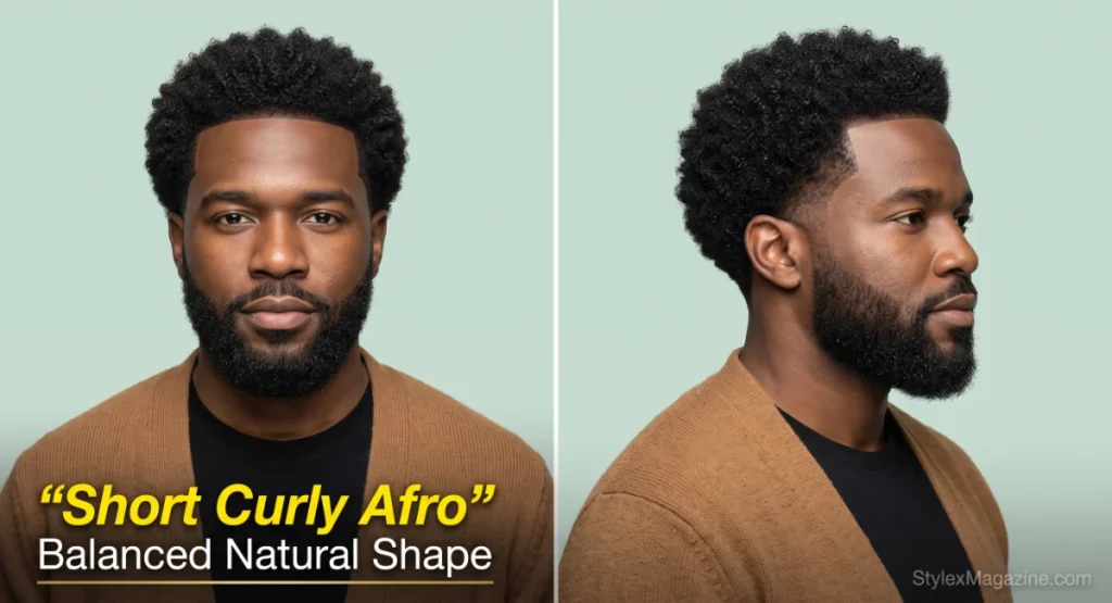Man with a short evenly rounded curly afro, compact natural coils and a clean edge-up
