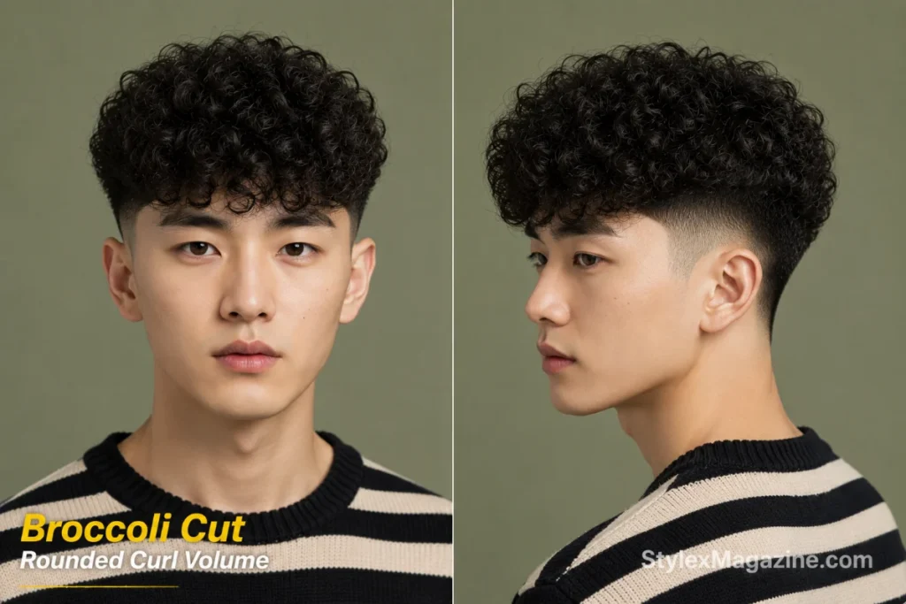 Young man with dense short curls shaped into a rounded broccoli cut with faded sides
