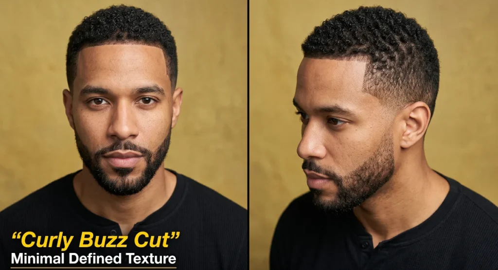 Man with a uniform curly buzz cut, visible micro-coil texture and a precise forehead line-up