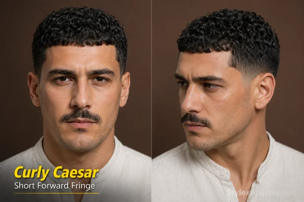 Man with an even short curly Caesar cut and a clearly defined forward fringe across the forehead