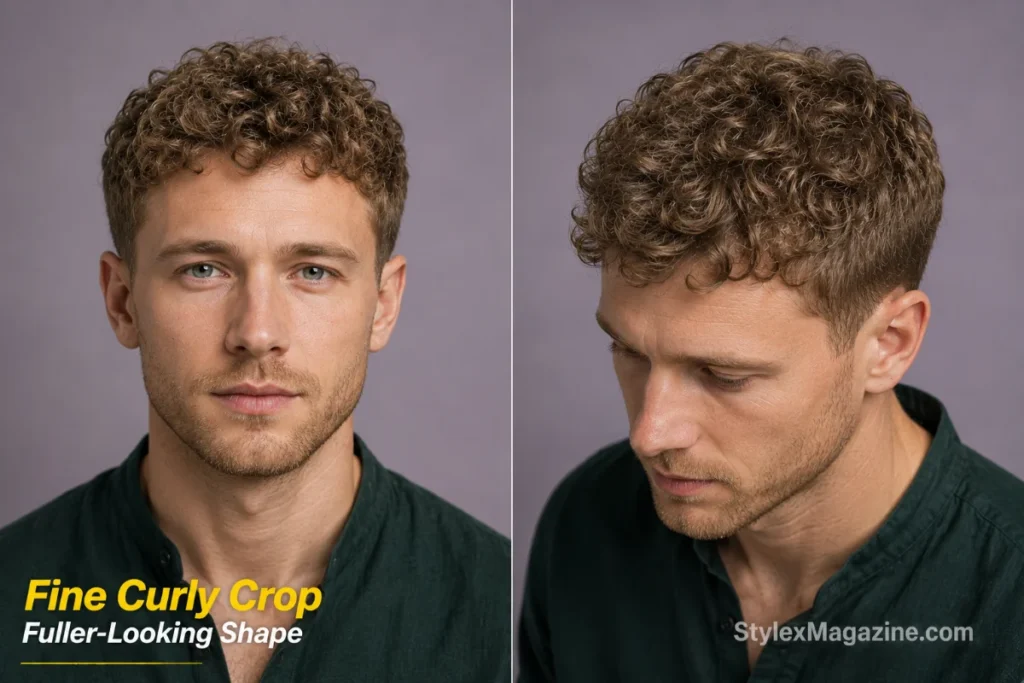 Man with fine short curly hair shaped into a soft crop that preserves volume across the top and crown