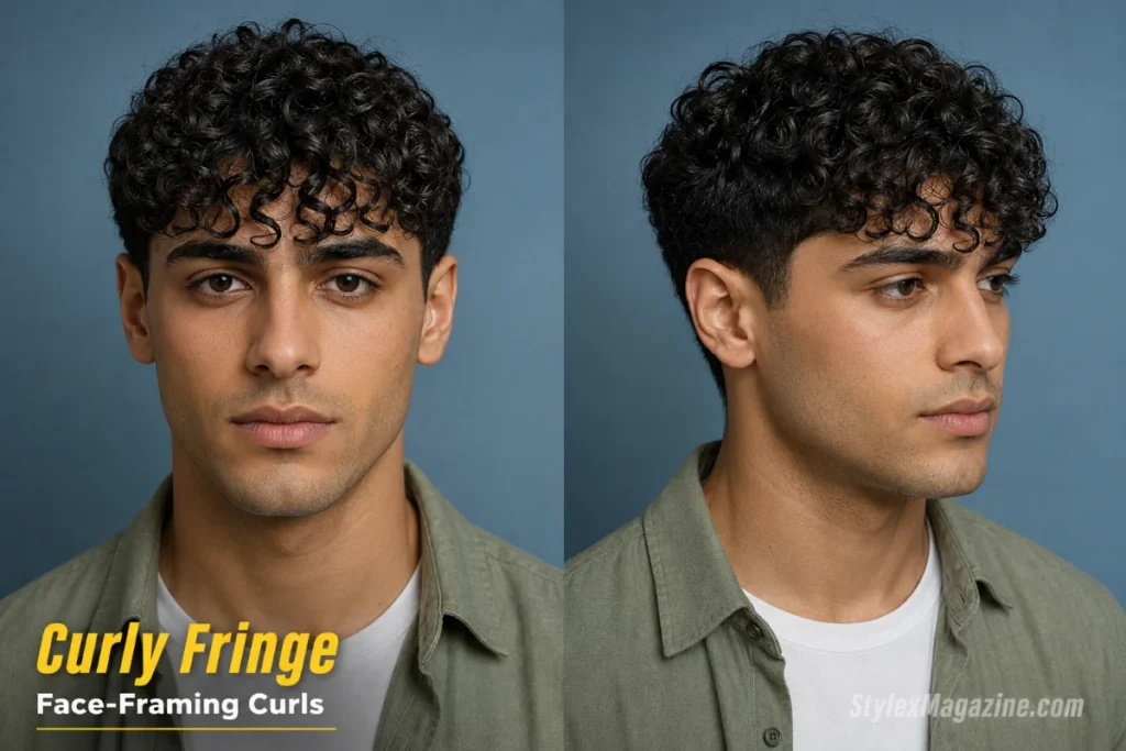 Man with a short curly fringe falling naturally over the forehead and softly tapered sides