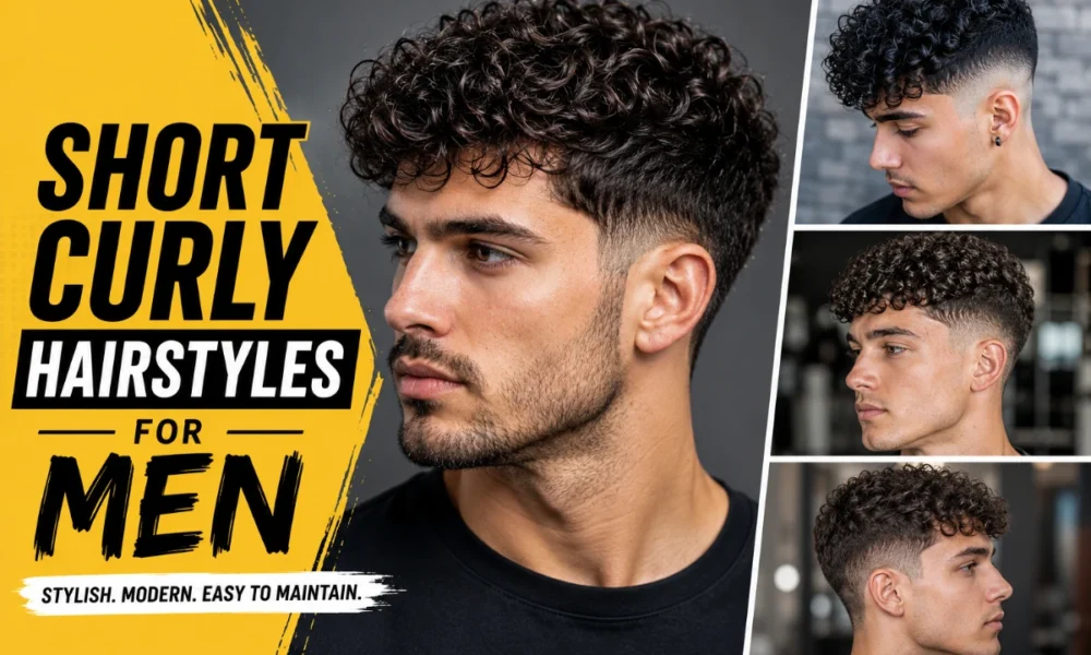 Featured image showing modern short curly hairstyles for men with a textured curly crop, low fade, and three side profile hairstyle variations.