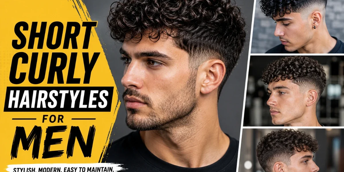 25 Best Short Curly Hairstyles for Men. Featured image showing modern short curly hairstyles for men with a textured curly crop, low fade, and three side profile hairstyle variations.