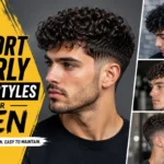 Featured image showing modern short curly hairstyles for men with a textured curly crop, low fade, and three side profile hairstyle variations.