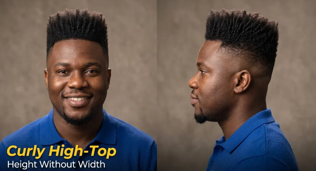 Man with sponge-defined coils shaped into a compact high-top and sides faded high to skin