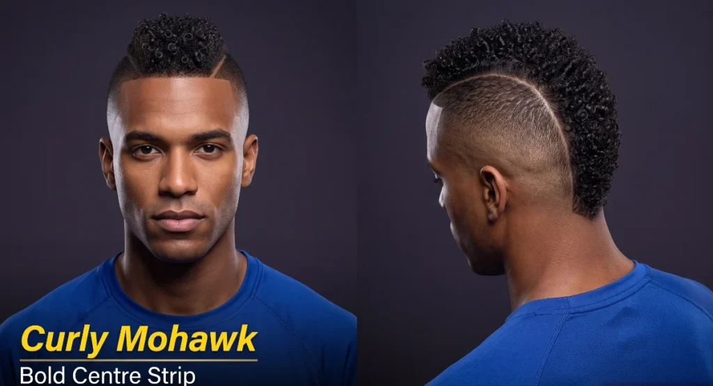 Man with a narrow strip of short tight curls through the centre and high-faded sides