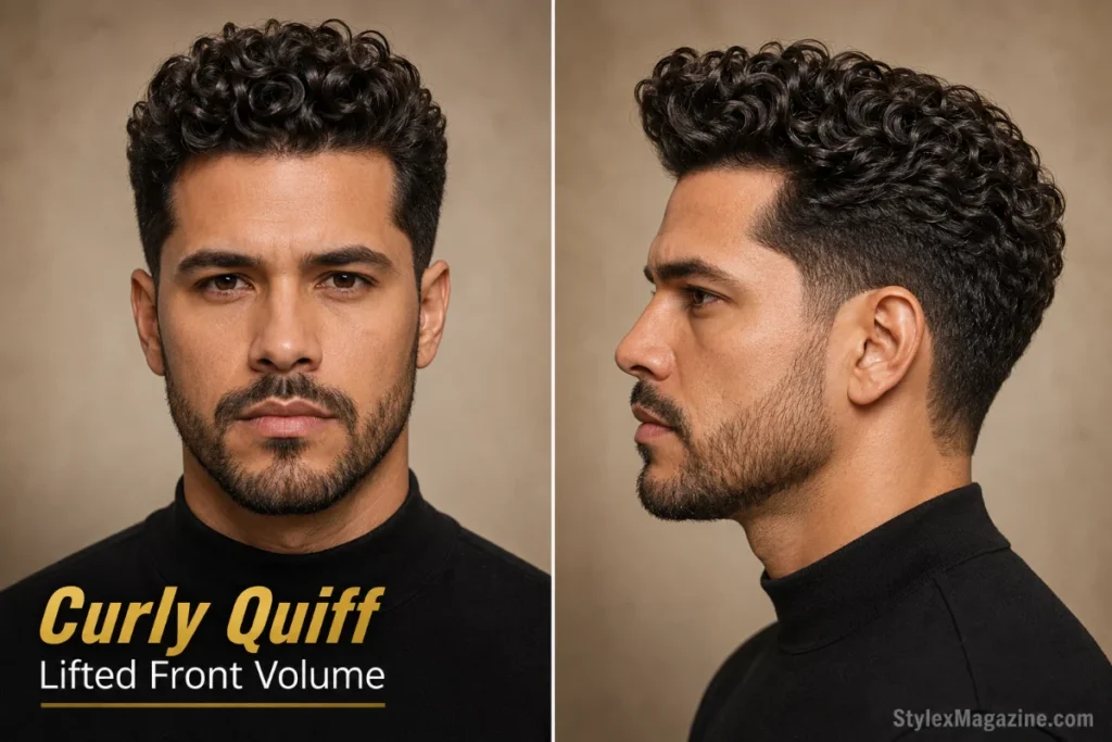 Man with short curls lifted upward and backward into a compact quiff with tapered sides
