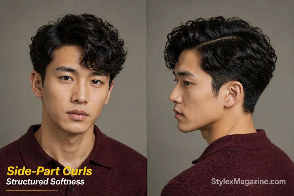Man with short loose curls separated by a natural side part and softly tapered sides