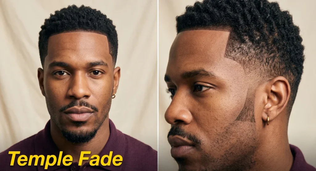 Man with short even coils, faded temples and a crisp line-up across the forehead and corners