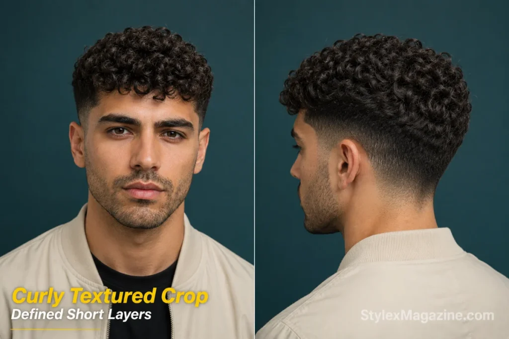 Man with a short textured curly crop, defined layered curls and a clean low fade