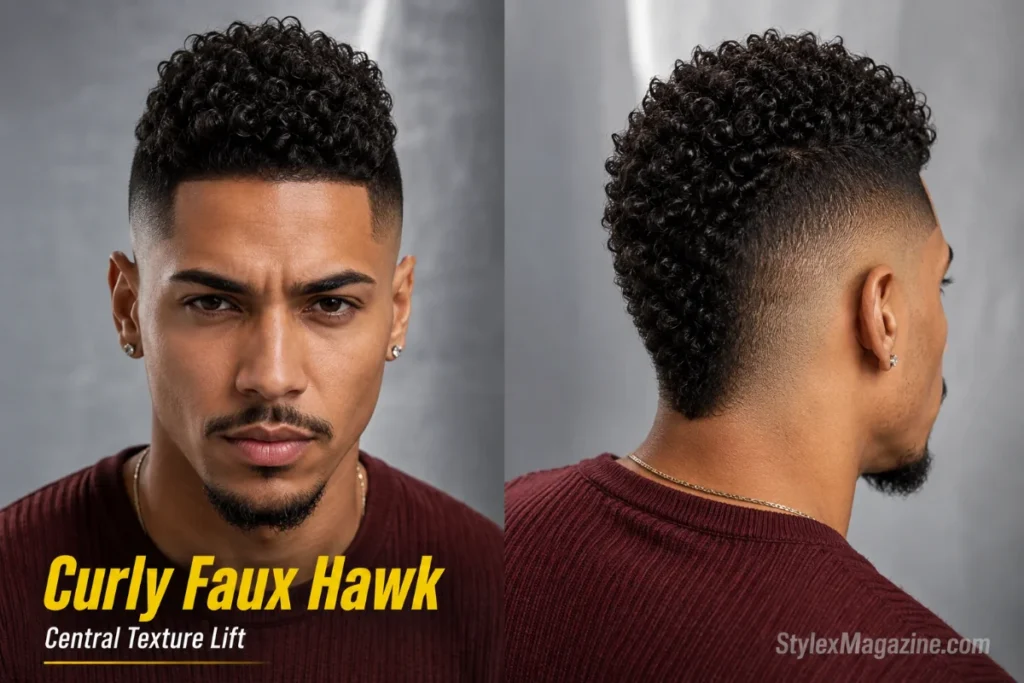 Man with short curls concentrated through a broad central section and faded sides forming a faux hawk