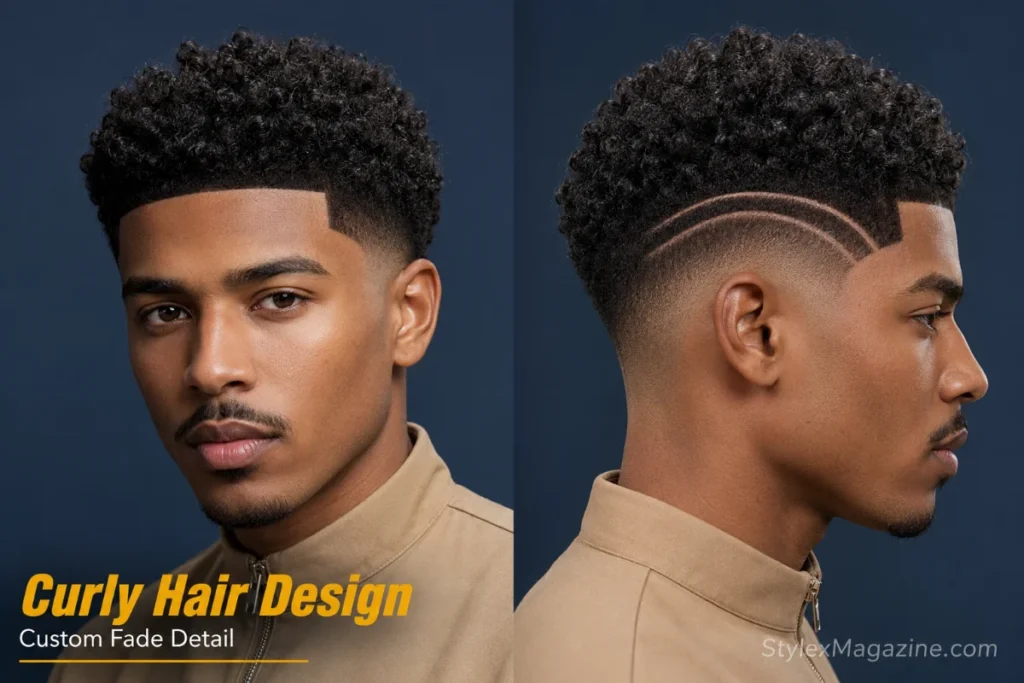 Man with a defined short curly top, mid fade and two curved razor lines shaved near the temple