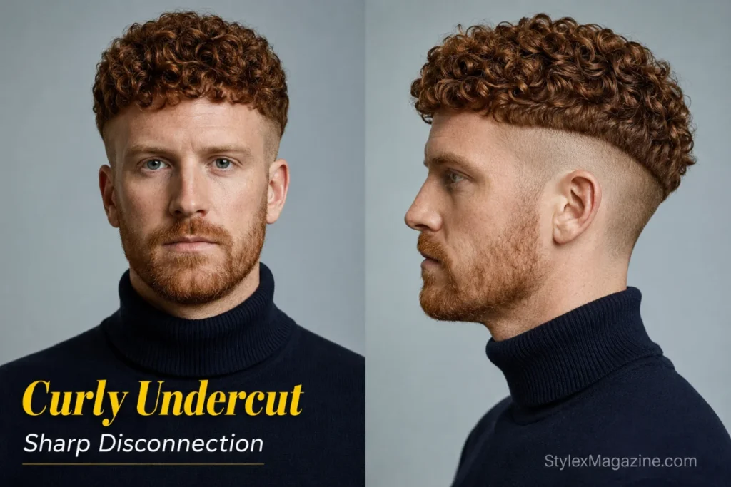 Man with compact short curls on top and uniformly clipped sides separated by a sharp undercut line