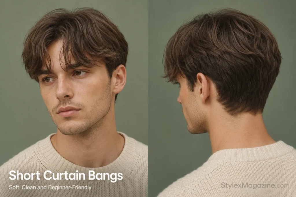Young man with short curtain bangs, eyebrow-length fringe and softly blended scissor-cut sides.