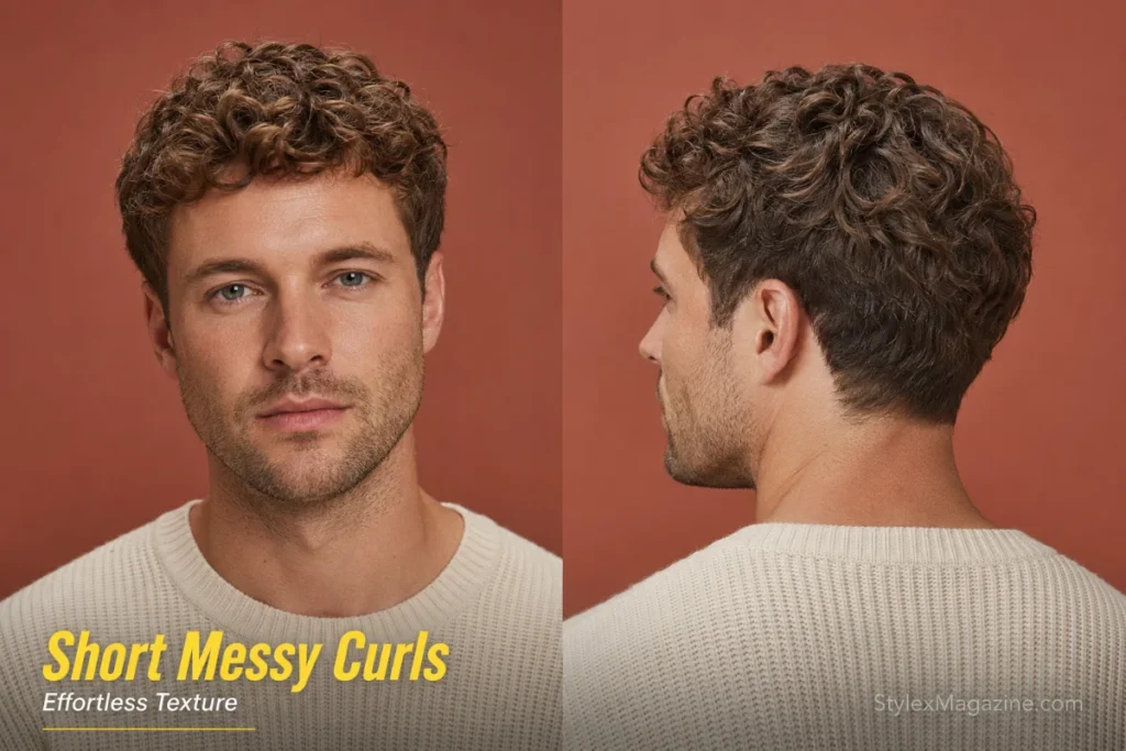 Man with short messy curls, a natural tousled top and lightly tapered sides shown from front and rear angles