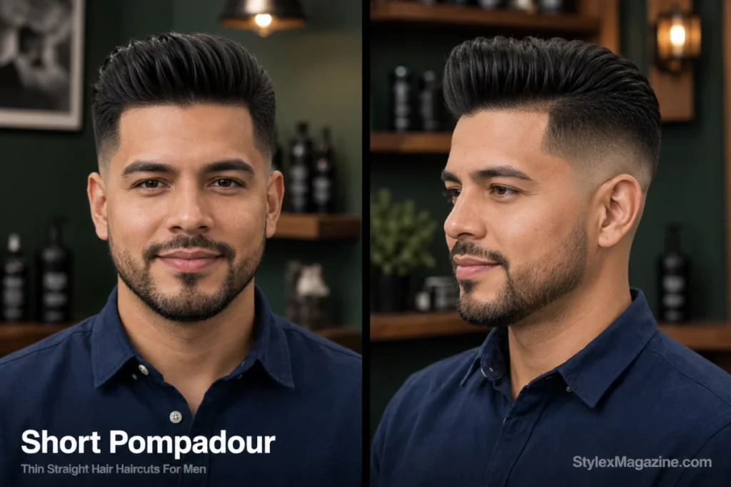 Man with thin straight hair styled as a short pompadour with front volume and mid fade sides