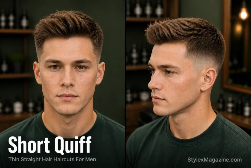 Man with thin straight hair wearing a short textured quiff with a mid fade in a premium modern barbershop.