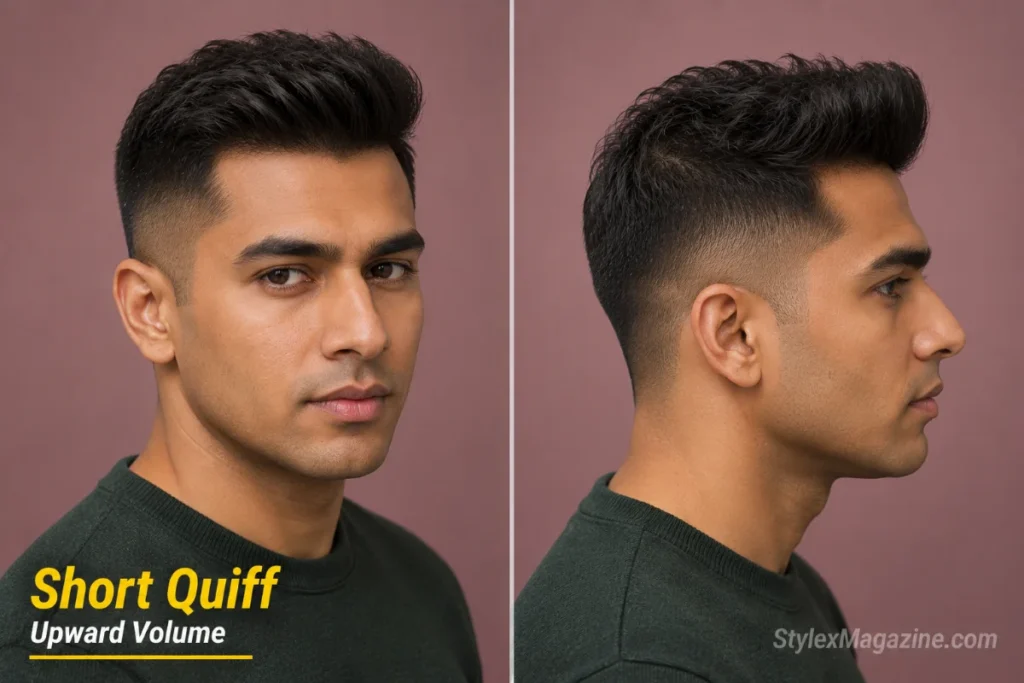 Short quiff on a man with thinning hair showing lifted front section with volume