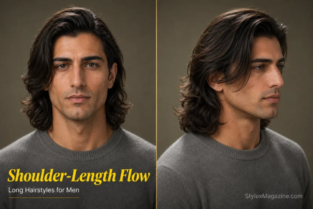 Shoulder-length flow hairstyle for men with soft layered movement and hair tucked naturally behind one ear.