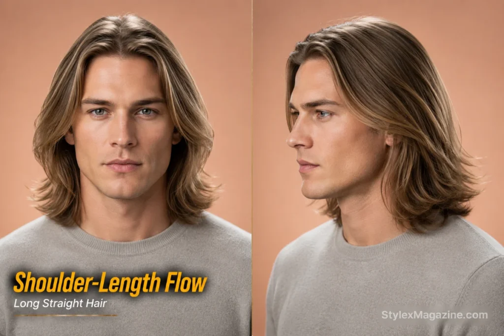 Shoulder-length flow hairstyle for men with straight hair featuring layered long hair movement.