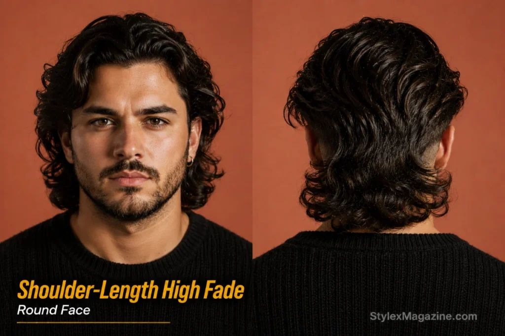 Shoulder-length layers with high fade on round face showing long top with tight side contrast