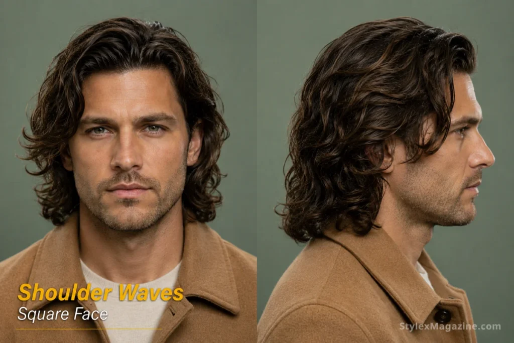 Shoulder-length waves on square face showing wavy layers framing and softening angular jaw from both sides