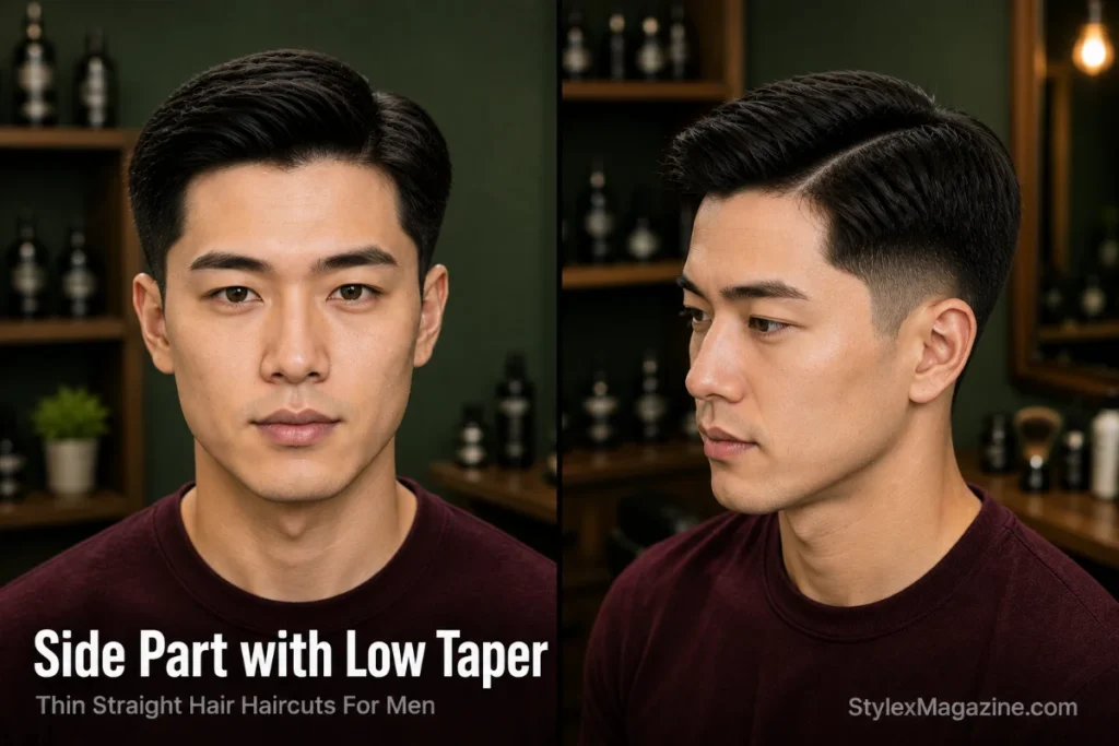 Man with thin straight hair wearing a classic side part with a low taper in a premium modern barbershop.