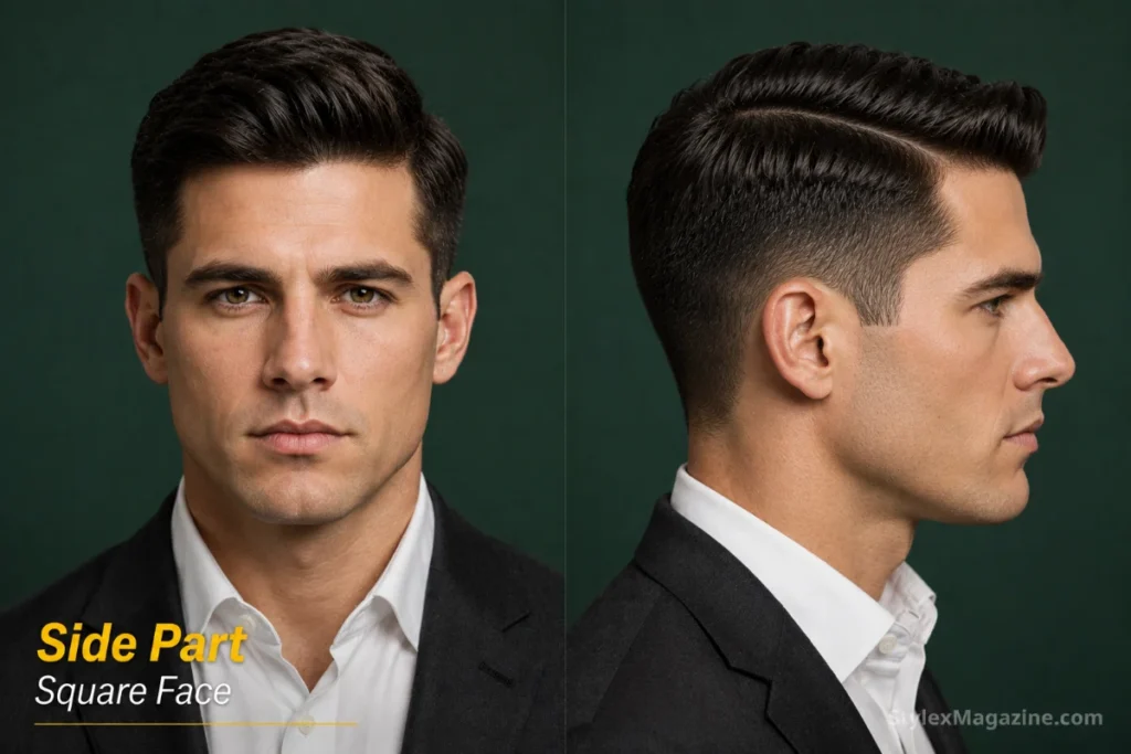 Classic side part on square face showing natural part line complementing angular jaw with low mid fade