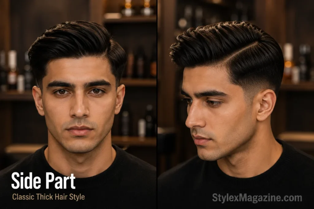 Classic side part haircut for men with thick straight hair and taper fade