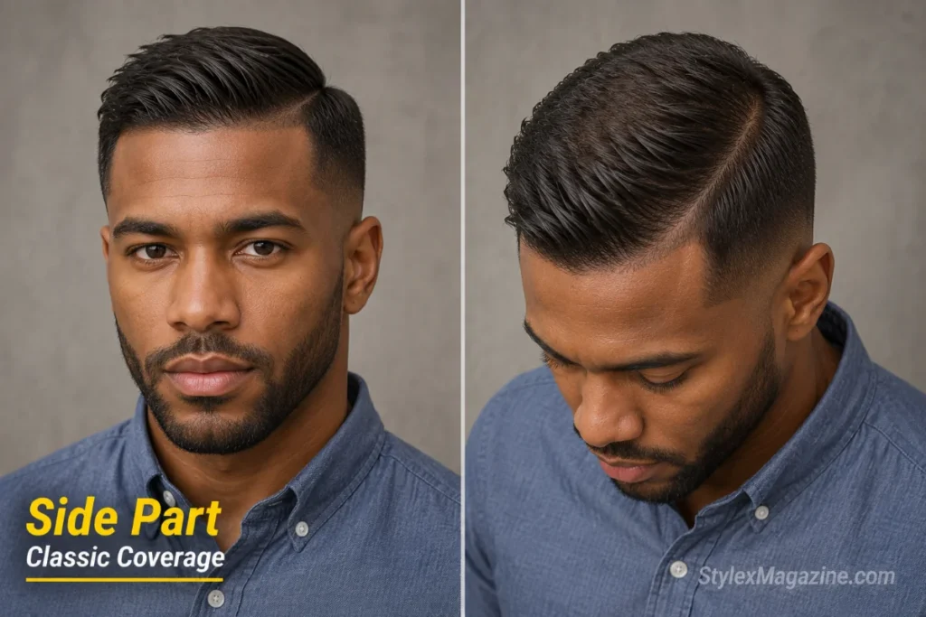 Side part haircut on a man with thinning hair showing swept coverage to one side