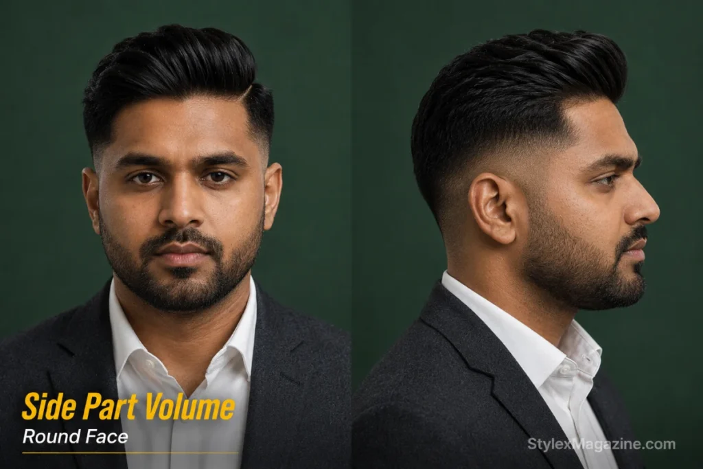 Side part with volume on round face showing diagonal part line with lifted root height