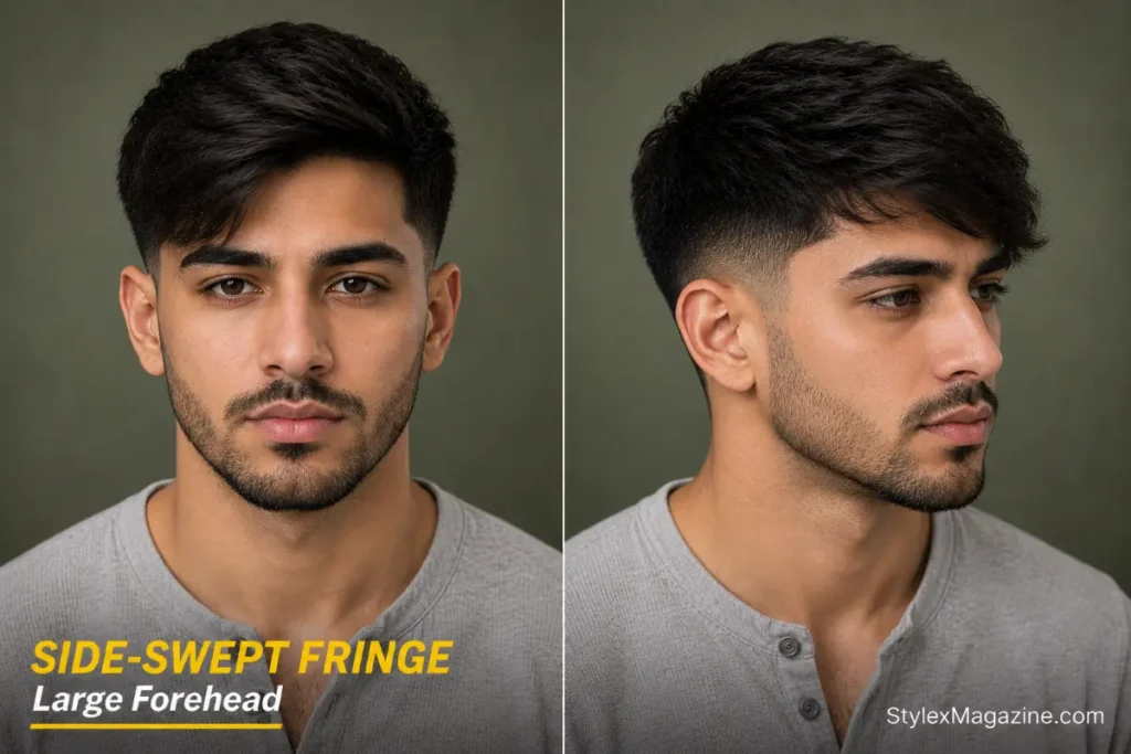 Side-swept fringe haircut for men with a large forehead, front and side view