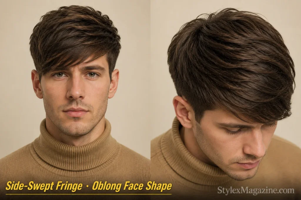 Side-swept fringe on a man with oblong face shape, longer fringe sweeping diagonally across forehead to one side
