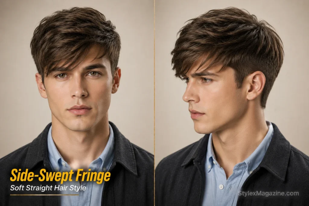 Side-swept fringe hairstyle for men with straight hair featuring diagonal fringe movement.