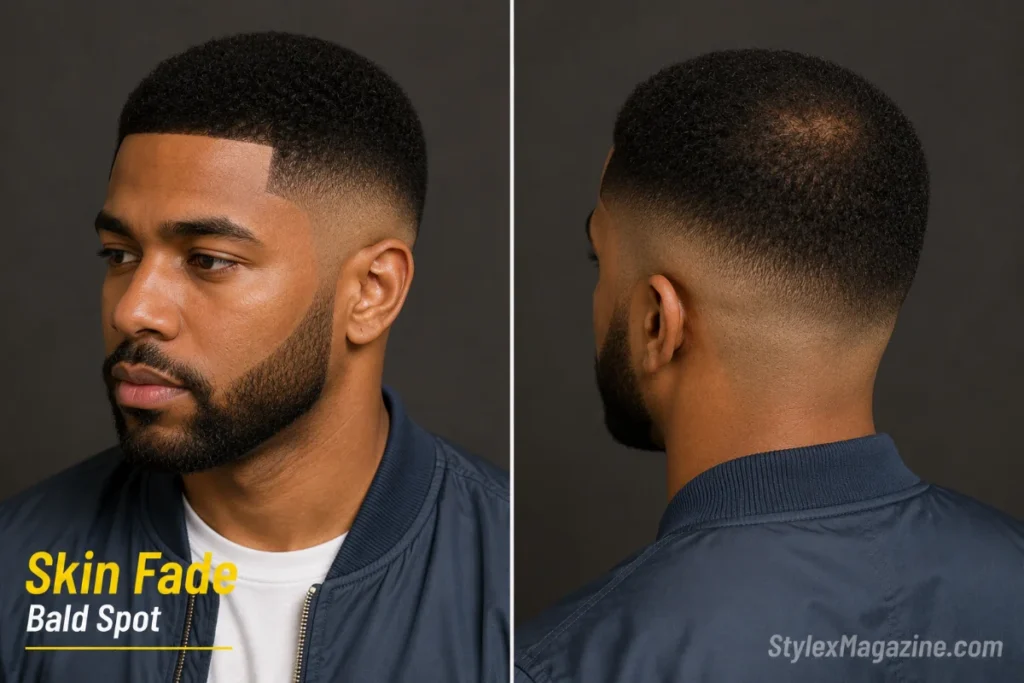 Skin fade bald fade on a balding man with a bald spot showing the gradient from bare skin to short top