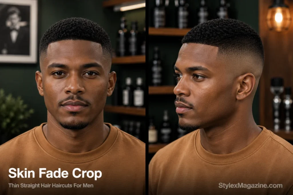 Man with thin straight hair styled as a skin fade crop with a short textured top and skin fade on the sides.
