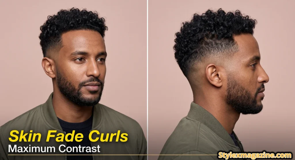 Man with moisture-defined short curls on top and sides faded completely down to skin